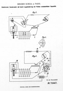 Bild 1. Patentierte Anordnung Desider Kordas von 1892 [1]. Die mit “Fig 1.” bezeichnete Anordnung ist der Drehkondensator.